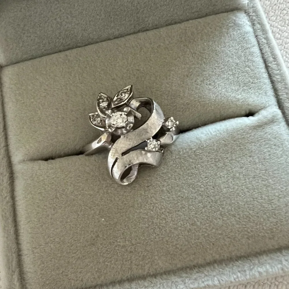 Antique Art Deco 14k White Gold Diamond Cocktail Ring Vintage Size 6 - Picture 2 of 7